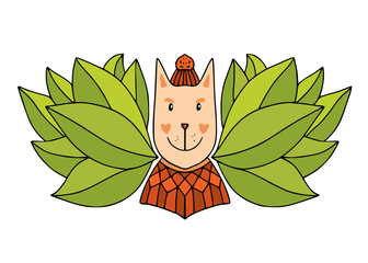 Cute Cat illustration. Ginger cat in green leaves. Vector illustration for posters, greeting cards, t-shirts prints.
