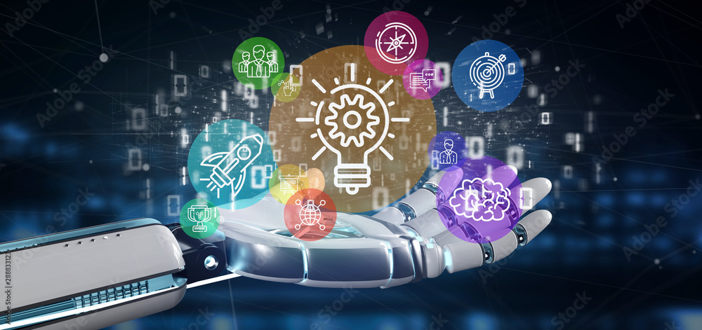Poster cyborg hand holding a cloud of colorfull start up icon bubble with data binary 3d rendering