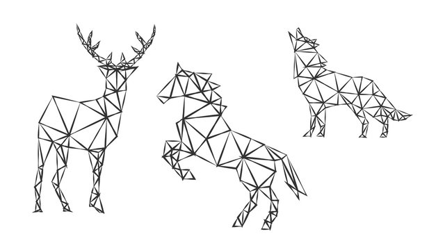Fashion geometric outlines of strong animal deer, horse and wolf on white. Minimalism in the style of trigonometry.