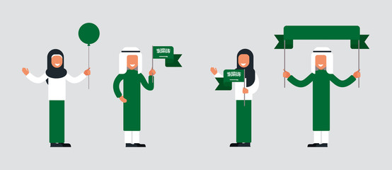 Happy Saudi people celebrate the National Day of the Kingdom of Saudi Arabia. Set of Muslim men and women holding the KSA flags and green festive attributes for the holiday.