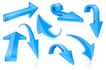 Down and up 3d arrows. Blue signs with reflection