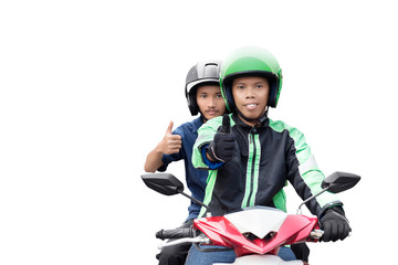 Asian motorcycle taxi man and his passenger showing thumbs up
