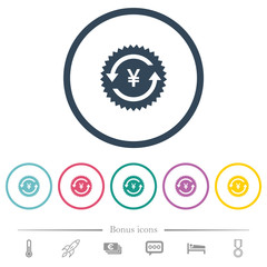 Yen pay back guarantee sticker flat color icons in round outlines