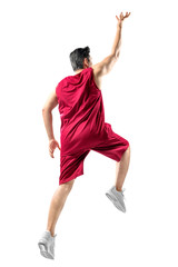 Rear view of Asian man basketball player jump in the air