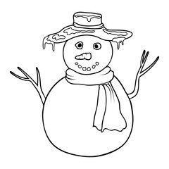 cute cartoon coloring snowman. Coloring book or page with snowman. Outline snowman isolated on white background. black and white outline christmas illustration.