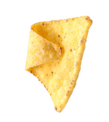 Tasty Mexican nacho chip on white background