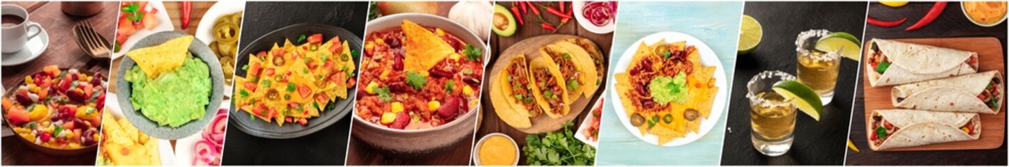 Mexican Food Collage. A panorama of various tex-mex dishes, Latin American cuisine banner with chili con carne, nachos, burritos etc