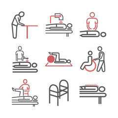 Line icons, physiotherapy banner, rehabilitation center. Vector signs for web graphics.