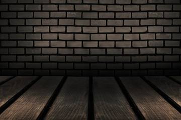 Background of empty old brick wall and wooden floor