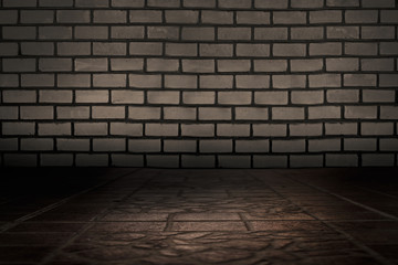 Background of empty old brick wall and concrete floor