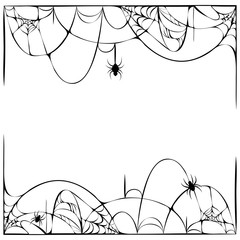 Scary spider web background with hanging spiders isolated on white. cobweb frame. Halloween party template or decoration element. Horror halloween banner. Art drawn design for halloween decoration.