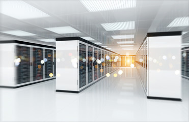 Servers data center room with bright bokeh light going through the corridor 3D rendering