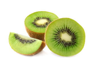 Pieces of fresh kiwis on white background