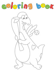 Cartoon dragon hits the ball with a baseball bat. Coloring book for kids