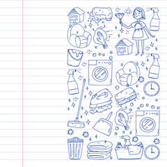 cleaning services company vector monochrome pattern on white background, drawing pen, notebooks lined