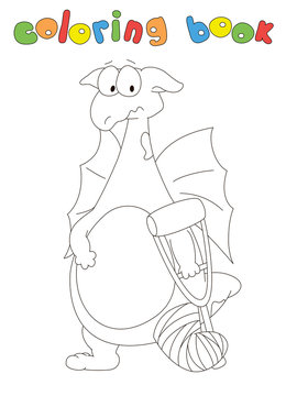Cartoon dragon with a broken leg and crutch. Coloring book for kids