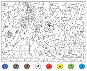 Cartoon spider decorates New Year tree. Color by number educational game for kids