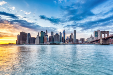 Fototapeta na wymiar New York City Lower Manhattan with Brooklyn Bridge at Dusk, View from Brooklyn