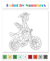 Cartoon dragon rides a bike. Color by number educational game for kids