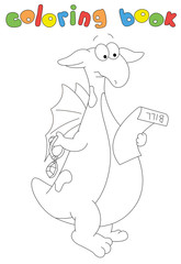 Cartoon dragon looks at the bill for the necklace. Coloring book for kids