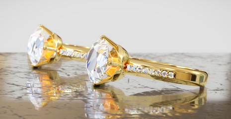Couple Gold Diamond Ring Placed On Glossy Background, 3D Rendering.