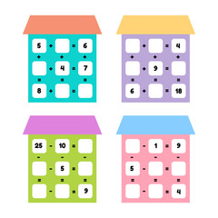 Vector illustration. Math game for preschool and school age children. Count and insert the correct numbers. Addition, subtraction. Set houses with windows