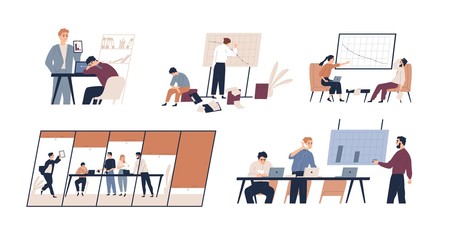 Business problem flat vector illustrations set. Profit drop, rating decrease, company bankruptcy concept. Financial trouble, bad leadership, burnout. Stressed office workers and unmotivated managers.