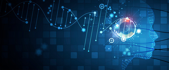 Abstract artificial intelligence DNA technology. Science and social concept.  Futuristic connection structure background