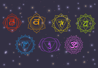 Chakras set: muladhara, swadhisthana, manipura, anahata, vishuddha, ajna, sahasrara. Vector line symbol on a dark sky with shining stars. Om sign on a black background. EPS 10 Vector illustration