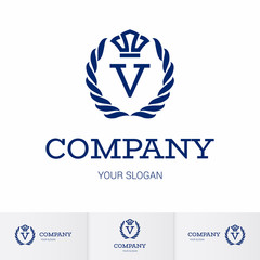 Illustration of Luxury Vintage Crest Logo with letter V in the Middle and Luxury Crown. Calligraphic Royal Emblems and Elements Logo Icon Template on White Background