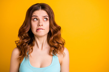 Close up copyspace photo of astonished feared cute pretty nice girlfriend pondering over how to...