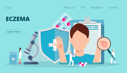 Eczema landing page vector. Tiny doctors treat man, research, look in microscope. - obrazy, fototapety, plakaty