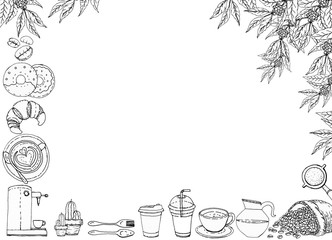 Drawing illustration set design of coffee for background.