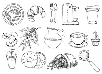 Watercolor illustration set of coffee on brown background and clipping part for your design.