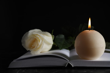 Burning candle, white rose and book on table in darkness, closeup. Funeral symbol