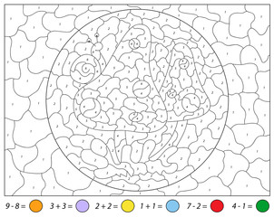 Cartoon mushrooms and snail. Addition and subtraction tasks. Color by number educational game