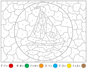 Cartoon yacht. Addition and subtraction tasks. Color by number educational game