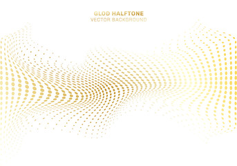 Abstract wave curve distort gold dots pattern halftone on white background luxury style elements.
