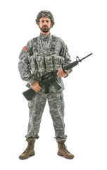 Soldier with assault rifle on white background