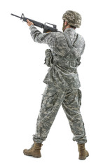 Soldier in camouflage taking aim on white background, back view