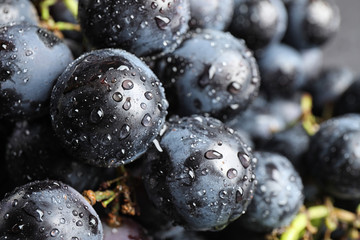 Fresh ripe juicy black grapes as background, closeup view