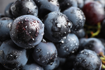 Fresh ripe juicy black grapes as background, closeup view
