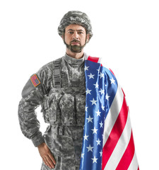 Soldier with national flag of USA on white background