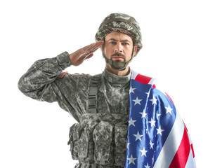 Saluting soldier with national flag of USA on white background