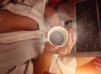 morning coffee at home at the computer