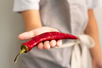 boy holds red chili pepper close up