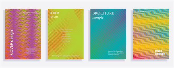 Minimalistic cover design templates. Set of layouts for covers of books, albums, notebooks, reports, magazines. Line halftone gradient effect, flat modern abstract design. Geometric mock-up texture