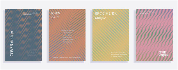 Minimalistic cover design templates. Set of layouts for covers of books, albums, notebooks, reports, magazines. Line halftone gradient effect, flat modern abstract design. Geometric mock-up texture
