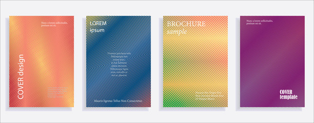Minimalistic cover design templates. Set of layouts for covers of books, albums, notebooks, reports, magazines. Line halftone gradient effect, flat modern abstract design. Geometric mock-up texture