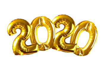 Word 2020 written with helium golden balloons